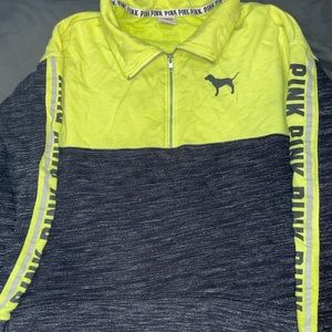 “Pink” yellow and grey pullover.